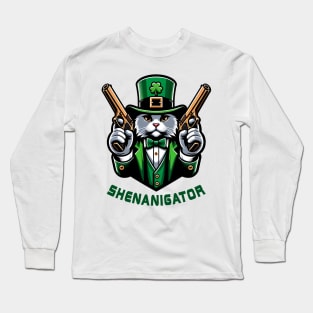 St. Patricks Day Shenanigator Cat T-Shirt, Irish Celebration Rainbow Graphic Tee, Unisex Lucky Clover Shirt Long Sleeve T-Shirt